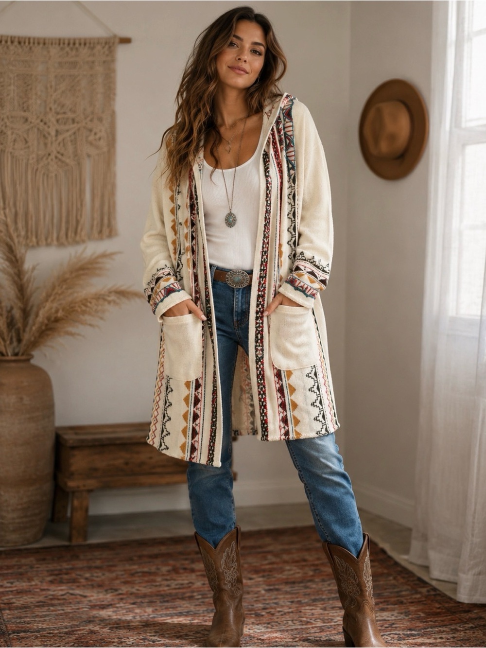 paparazzi Cream Hooded Aztec-Trim Cardigan with Multicolor Accents Size Large